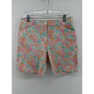 Talbots Women 6 Pink Orange Teal Seashell Print Chino Shorts Stretch Cotton